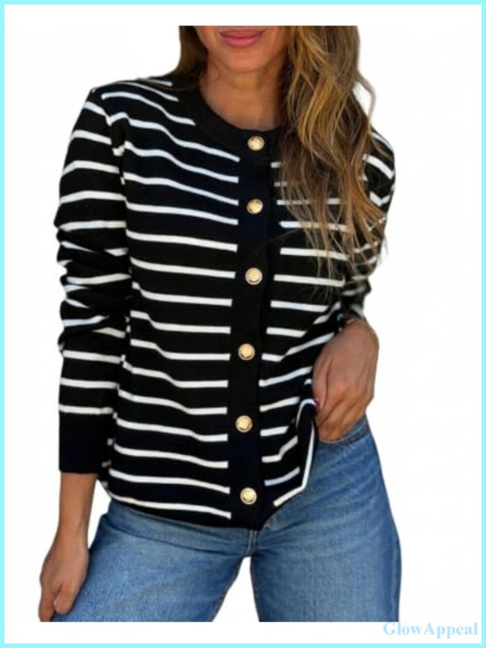 CHICME Women's Striped Knit Cardigan Crewneck Button Down Sweater